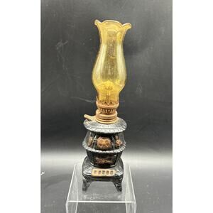 Pot-Bellied Woodstove Mini Oil Lamp with Amber Glass Chimney - Made in Japan VTG